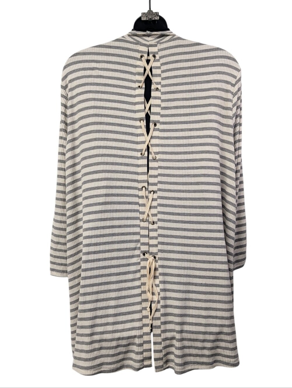 Maurices Plus Size 1 Gray White Stripe Lace Up Back Open Front Cardigan Duster - Picture 2 of 8